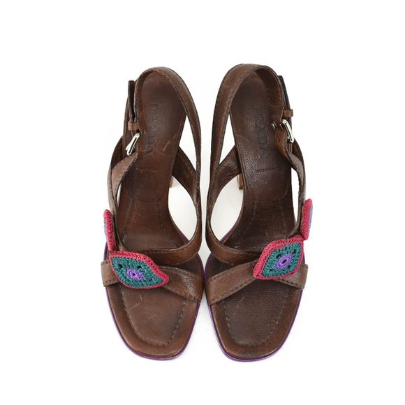 PRADA: Brown, Leather & Patent Color-Block Heels - Picture 3 of 8